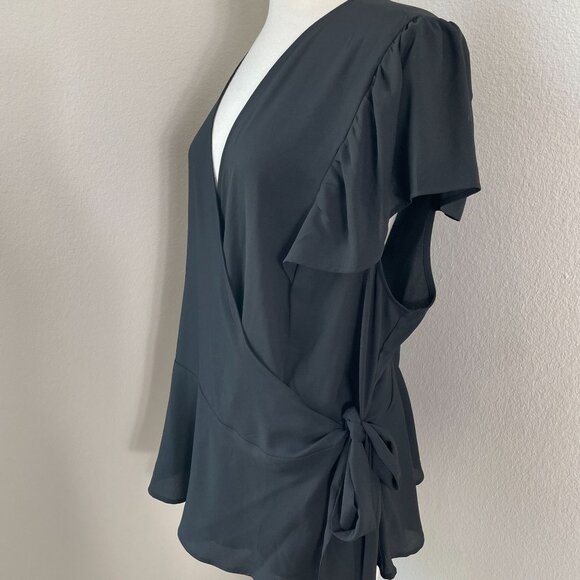 Loft Womens Plus 26 Black Wrap Top Short Flutter Sleeves Blouse Shirt - Picture 6 of 7